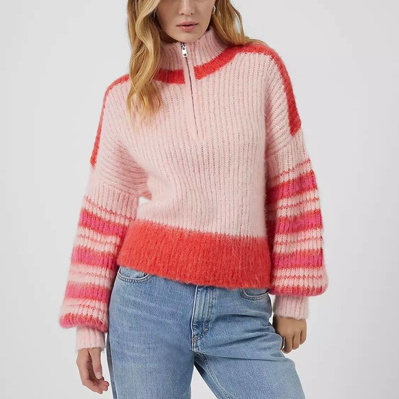 French Connection Sweater Womens Large‎ Red Pink Nika Quarter Zip Striped Chunky - Picture 1 of 11
